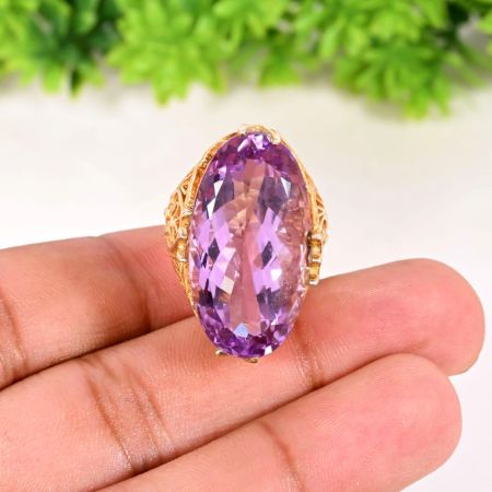Designer Ring for Women in Solid 925 Sterling Silver with Amethyst Gemstone and 18k Vermeil Gold